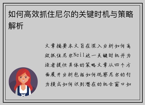 如何高效抓住尼尔的关键时机与策略解析 如何高效抓住尼尔的关键时机与策略解析